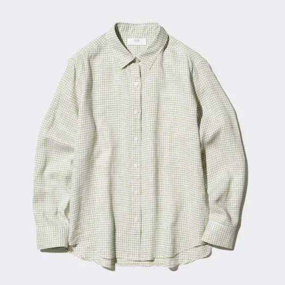 Uniqlo Linen Gingham Shirt Women’s Size Small Picnic Cottagecore Spring Green - Picture 3 of 12